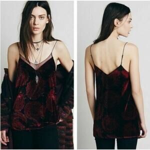 Free People Drippy Velvet Tank Top Cami Paisley Purple Red XS Boho Goth Vamp